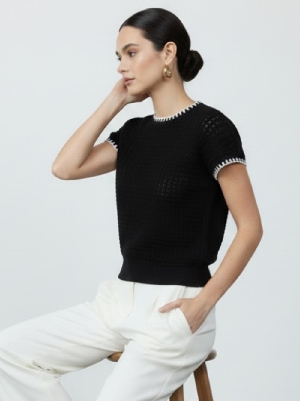 1422 • Black Cotton Loose Knit Semi Sheer  Top w/Cream Blanket Stitch Contrast